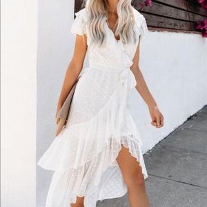 White swiss dot high low ruffle dress